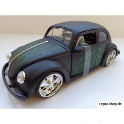 VOLKSWAGEN VW Käfer 1959 Custom Chrom Chromfelgen Flammen matt schwarz 1:24 von Jada