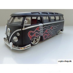 VW T1 Bus Samba sun roof chrome wheels Lowrider flames black matt 1:24