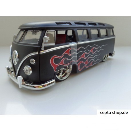 VW T1 Bus Samba sun roof chrome wheels Lowrider flames black matt 1:24