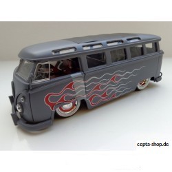 VW T1 Bus Samba sun roof chrome wheels Lowrider flames gray matt 1:24