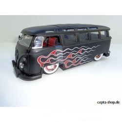 VW T1 Bus Samba sun roof white wheels Lowrider flames black matt 1:24