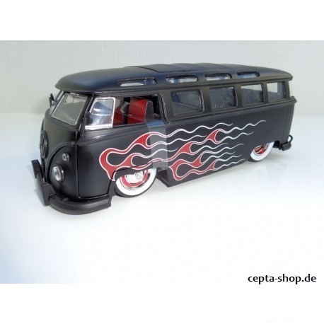 VW T1 Bus Samba Faltdach Weisswandreifen Lowrider Flamen schwarz matt 1:24