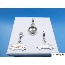 VW jewelry three pendant for a chain, Bulli, Beetle, Wolfsburg Crest