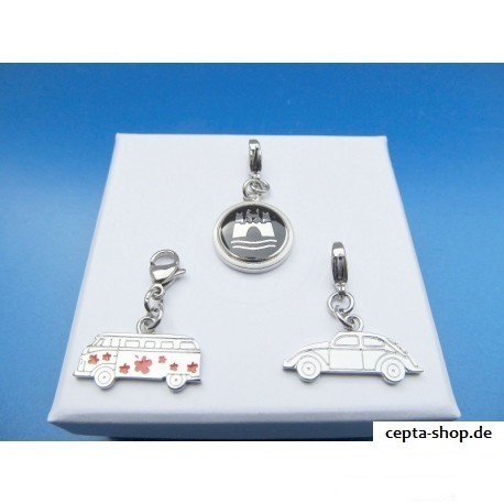 VW jewelry three pendant for a chain, Bulli, Beetle, Wolfsburg Crest