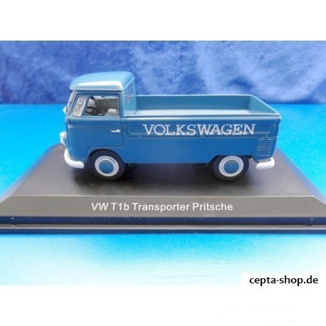 VW T1 bus flatbed with advertising VOLKSWAGEN taubenblau